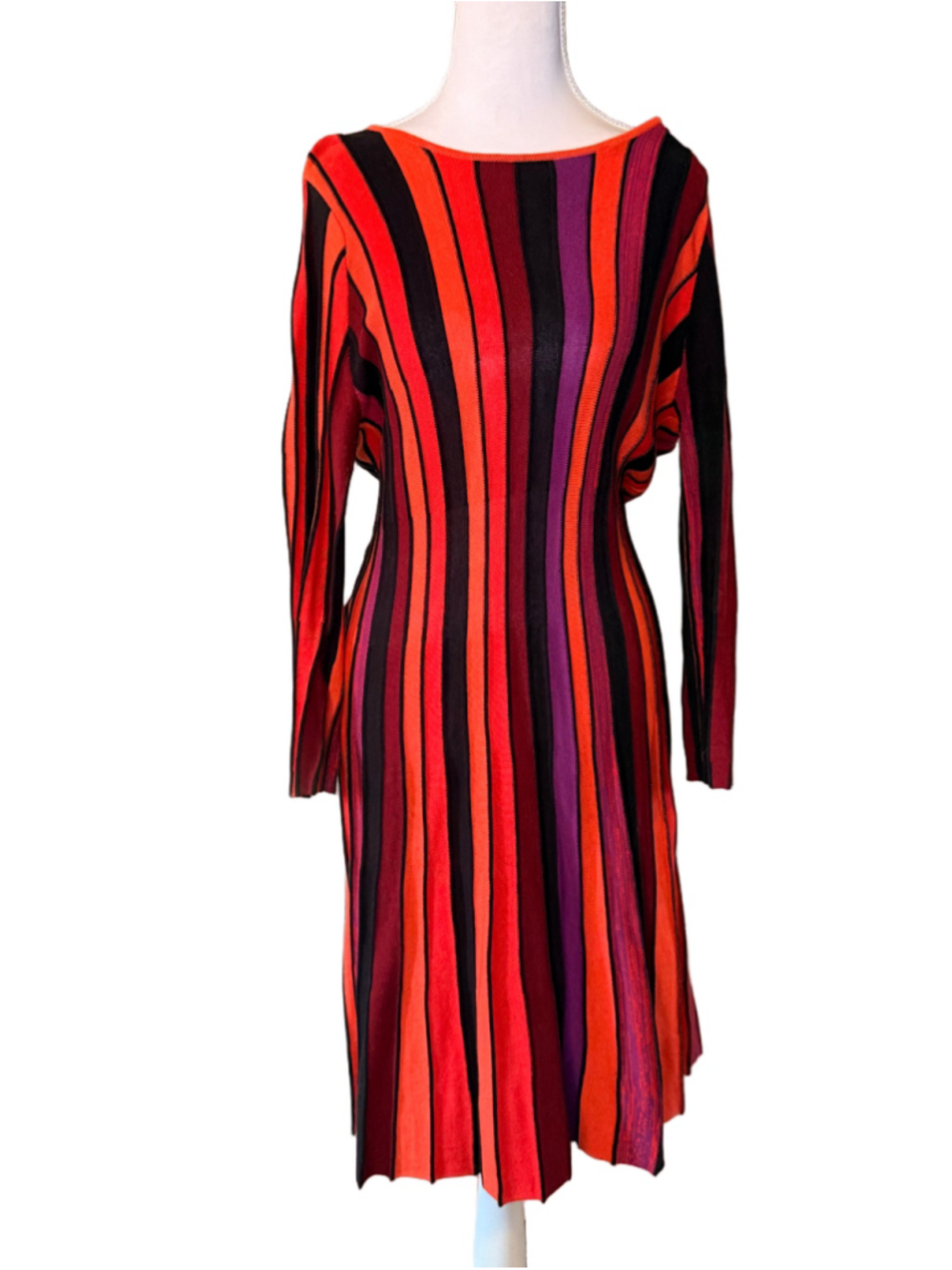 Eci Midi Dress Size M Red, Navy, Orange & Purple Stiped Knit Long Sleeve